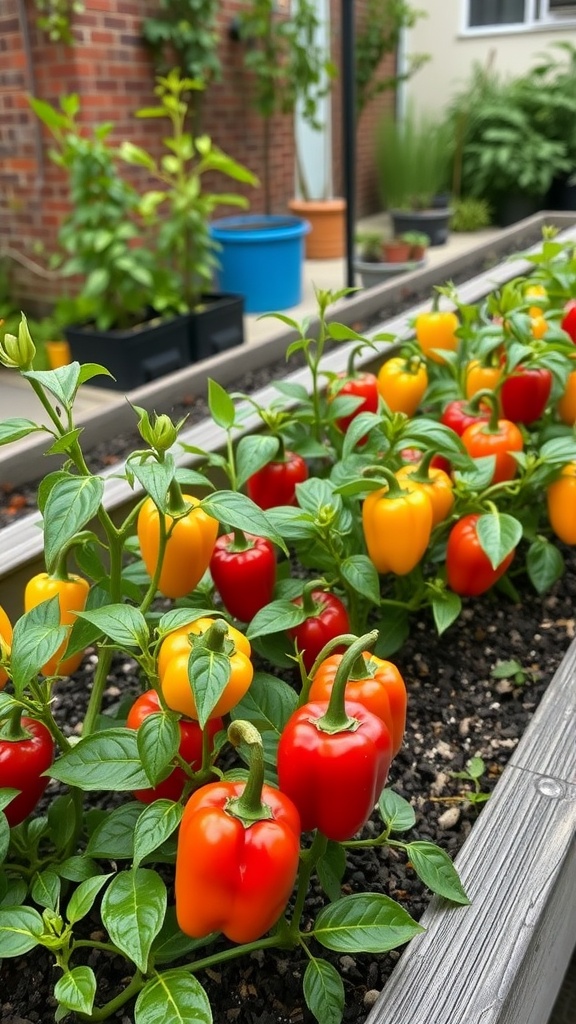 Colorful peppers growing in a raised garden bed.