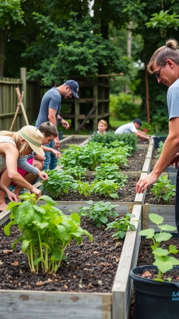 A group of people gardening together in a community garden, engaging in planting and maintaining plants.