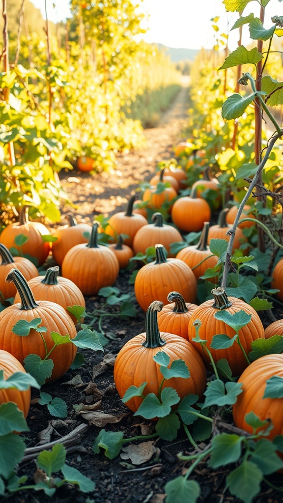 A pumpkin patch with vibrant orange pumpkins growing on vines under a sunny sky.