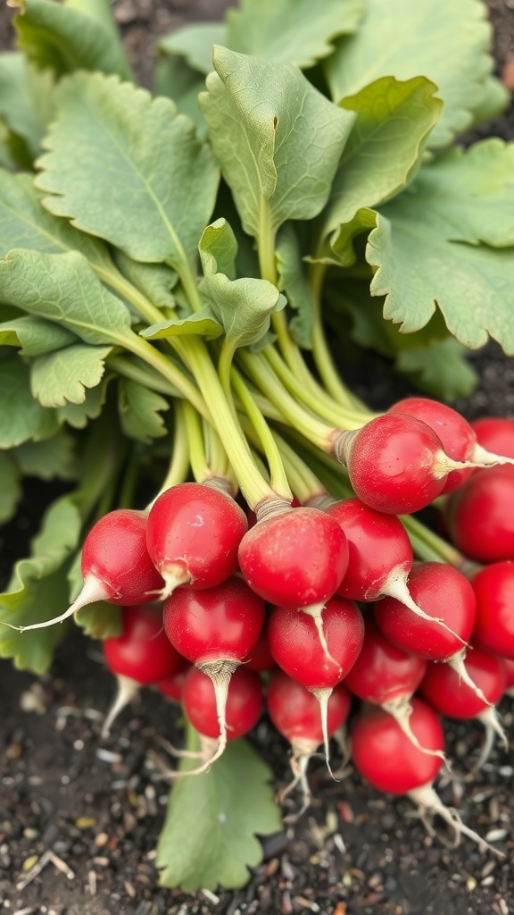 A bunch of fresh red radishes with green leaves.