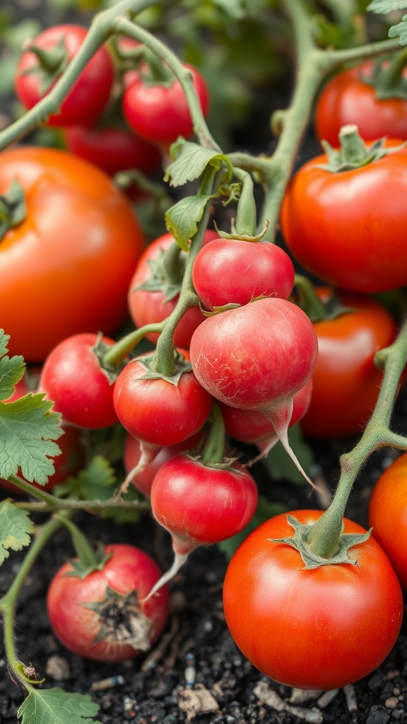 A vibrant cluster of ripe tomatoes on their vine, showcasing various sizes and readiness for harvest.