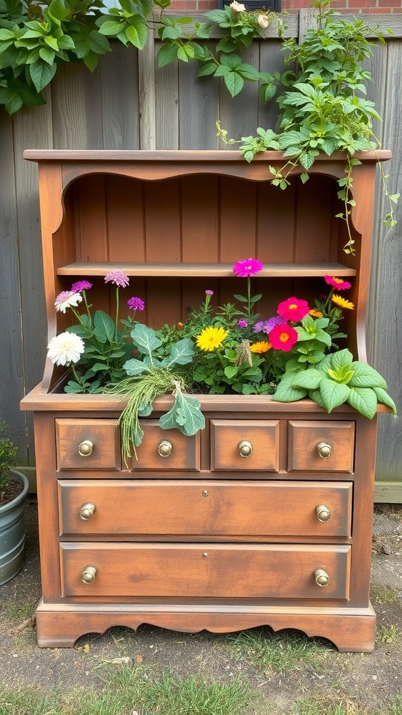 A wooden dresser repurposed as a garden bed filled with colorful flowers and plants.