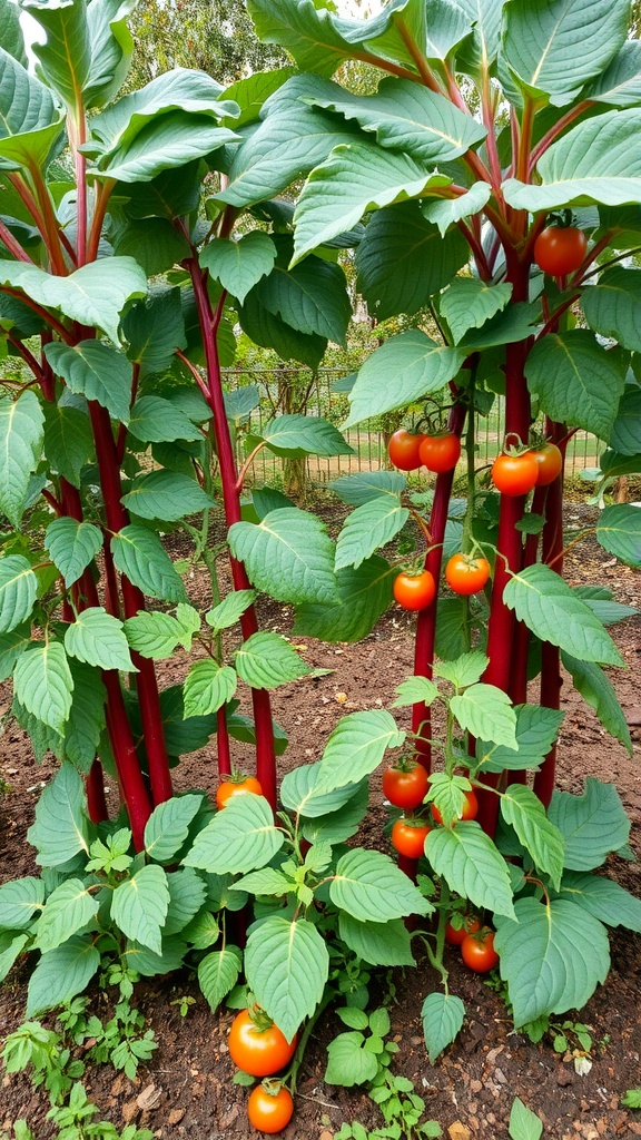 A garden showing tall rhubarb plants with red stalks and healthy tomato plants growing beneath them.