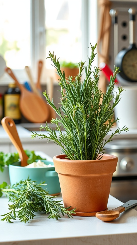 A vibrant rosemary plant in a terracotta pot on a kitchen counter.