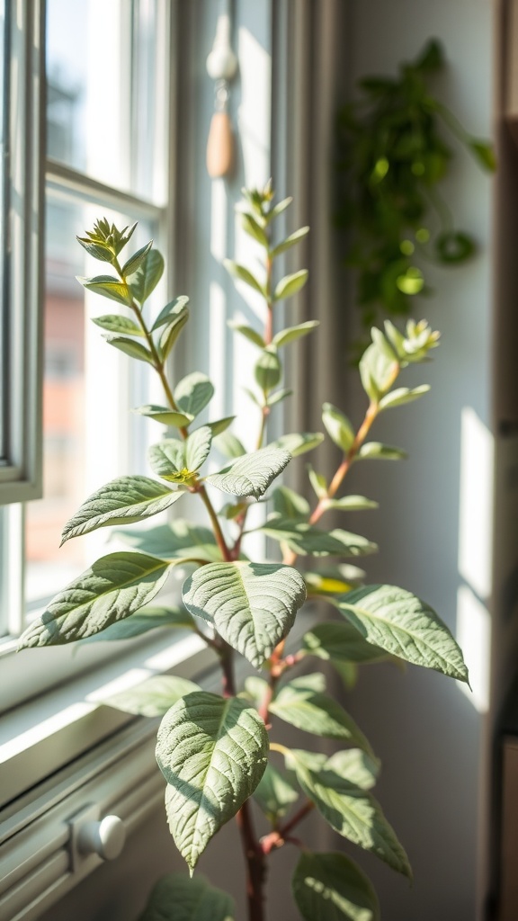 A healthy sage plant growing near a window, showcasing its broad leaves.