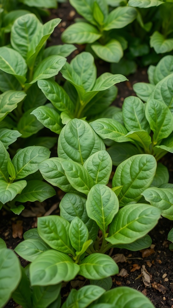 Lush green spinach leaves growing in a garden