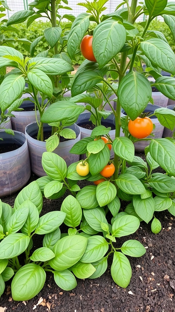 Tomato plants with ripe fruit surrounded by thriving spinach, illustrating their beneficial growth together.