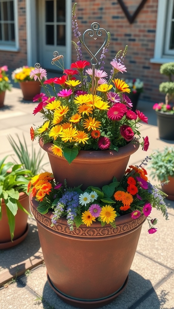 Colorful flowers in stackable planters