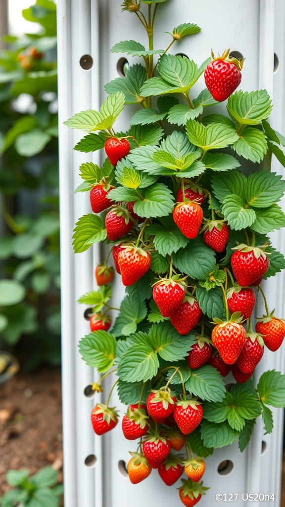 Strawberries growing in a vertical planter