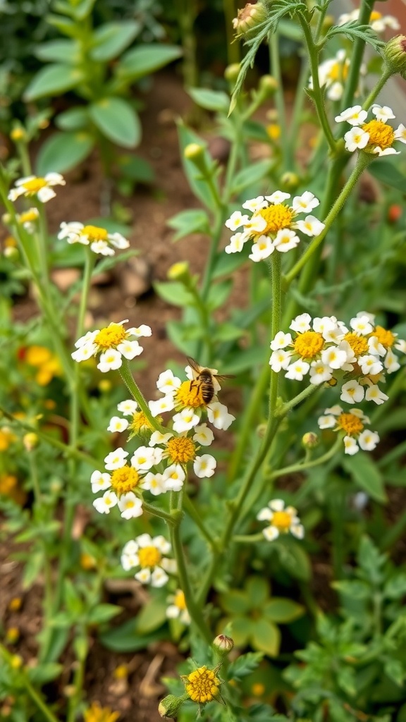 A close-up of Sweet Alyssum flowers with a bee collecting nectar.