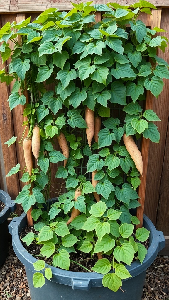 Sweet potato plants growing in a container with several tubers visible.