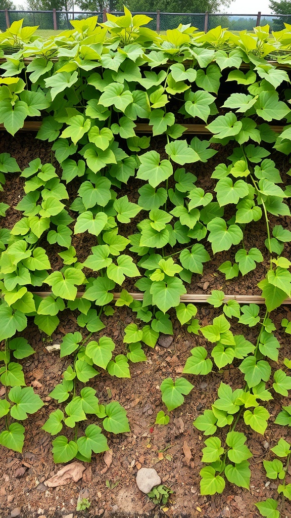 Green sweet potato vines growing on soil.