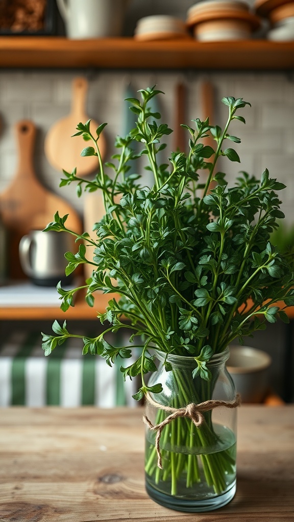 Fresh tarragon herb in a glass jar on a wooden table with a kitchen background