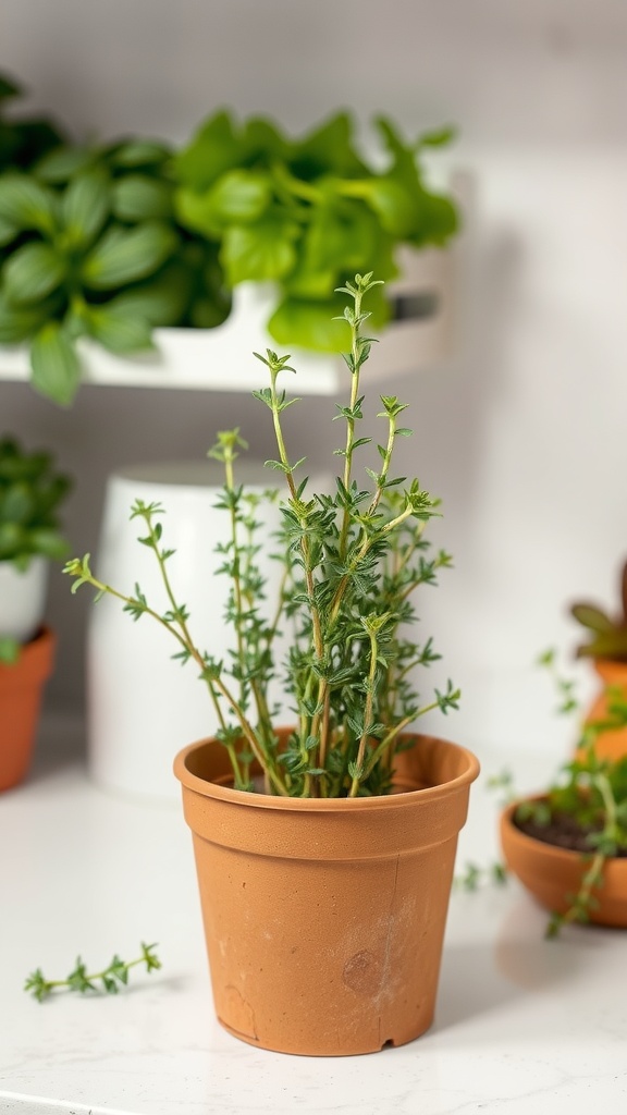 A potted thyme plant on a kitchen countertop.