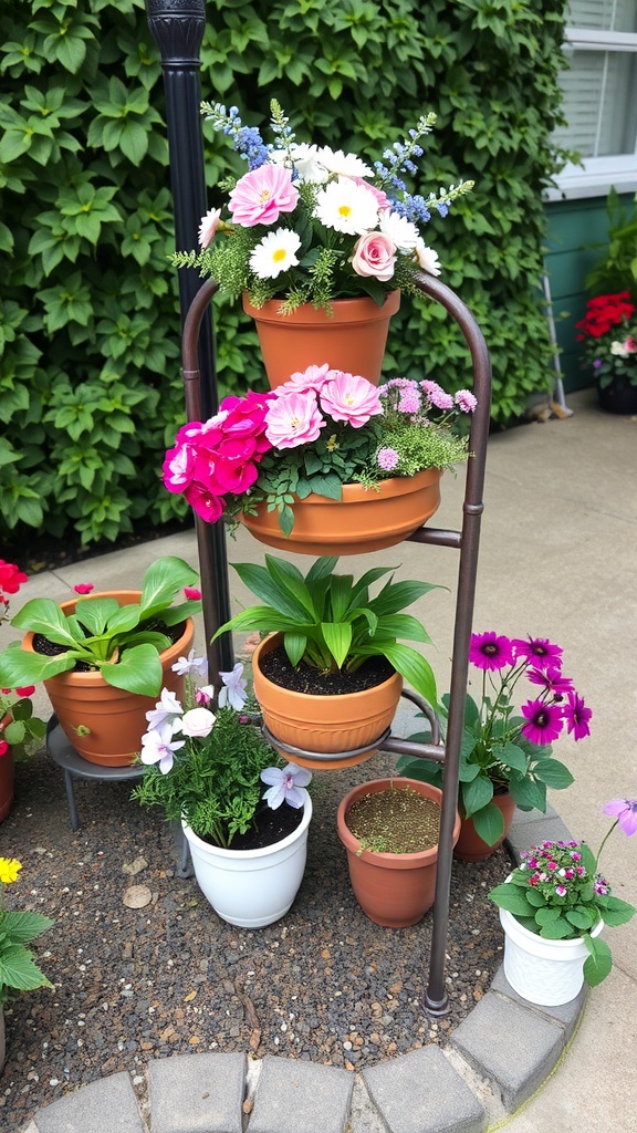 A metal tiered plant stand with colorful flowers in pots.