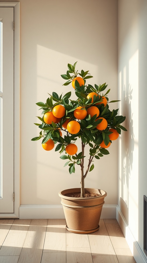 A small potted orange tree with bright oranges, positioned in a well-lit corner of an indoor space.