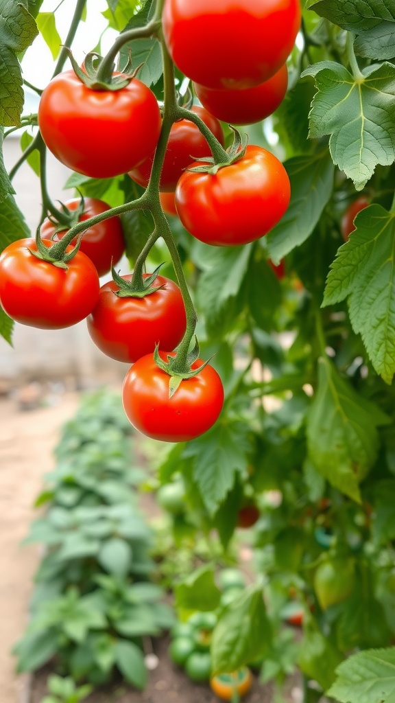 Close-up of ripe tomatoes hanging on the vine in a garden.