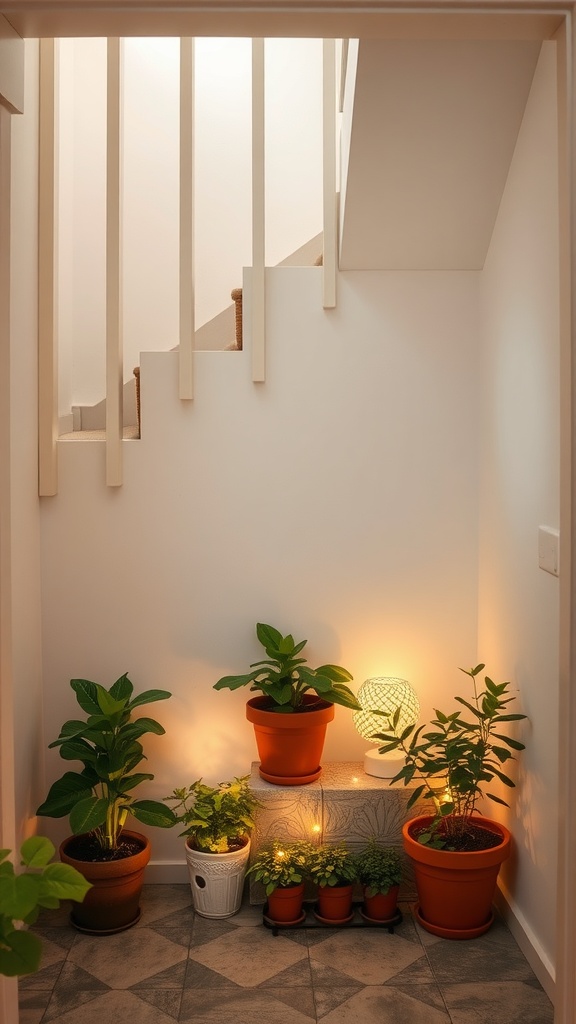 Cozy under-stair plant arrangement with various pots and decorative lighting.