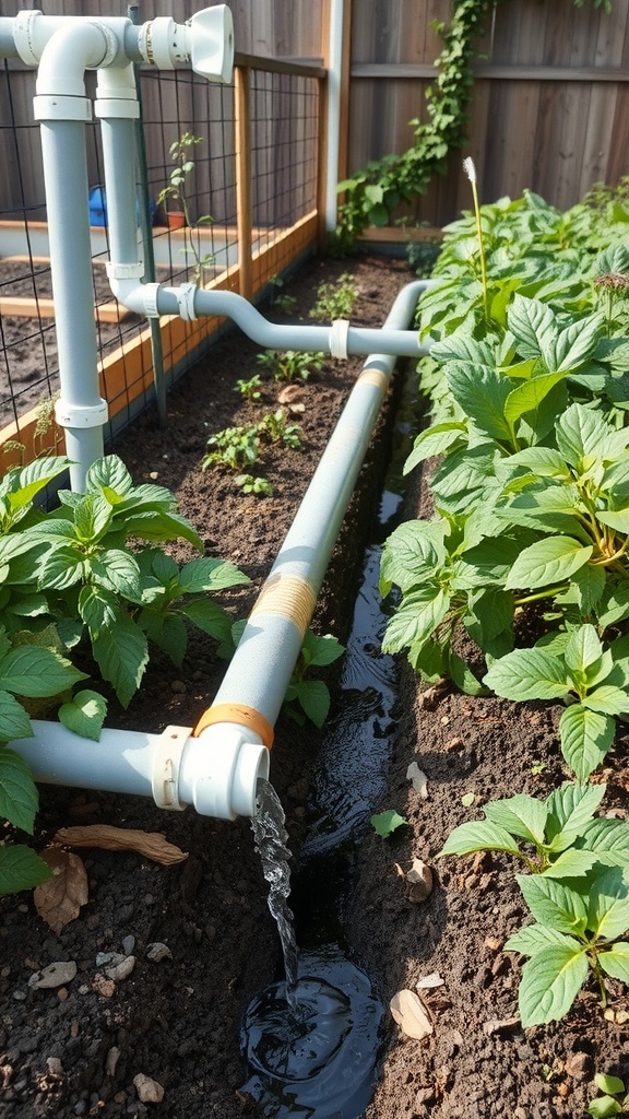 A greywater recycling system with PVC pipes directing water to a garden bed with lush green plants.