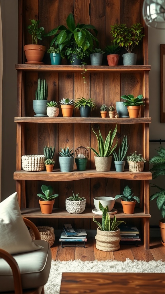 A wooden shelf filled with various potted plants, showcasing a vibrant indoor garden.