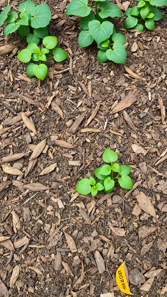 A close-up view of young plants growing in soil covered with wood chip mulch.