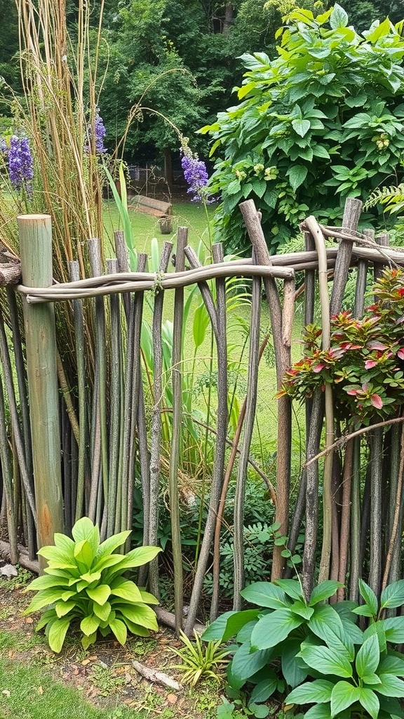 A rustic fence made from branches and twigs surrounding a lush garden