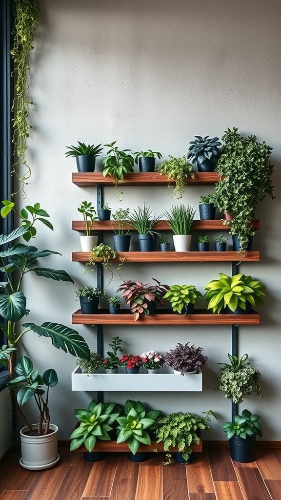 A modern vertical garden with wooden shelves filled with various potted plants.