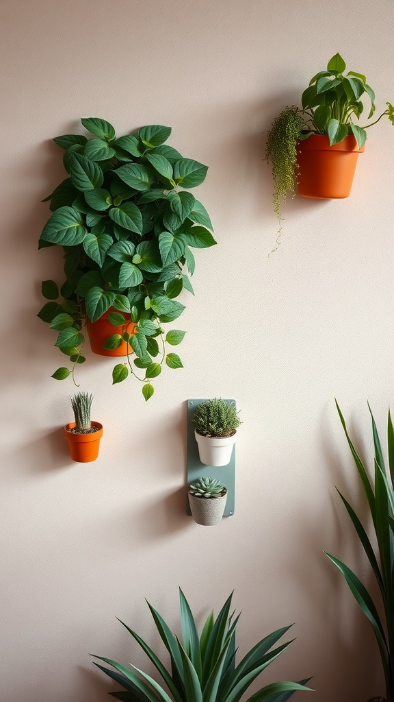 Wall-mounted planters with various plants in pots