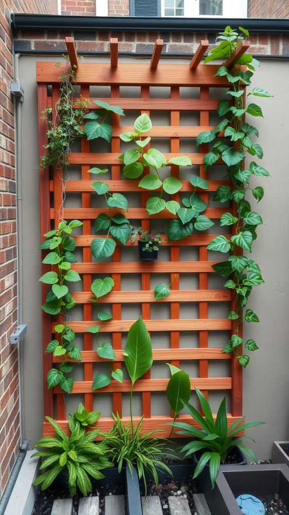 A vertical garden with a wooden trellis and various climbing plants, enhancing a small space.