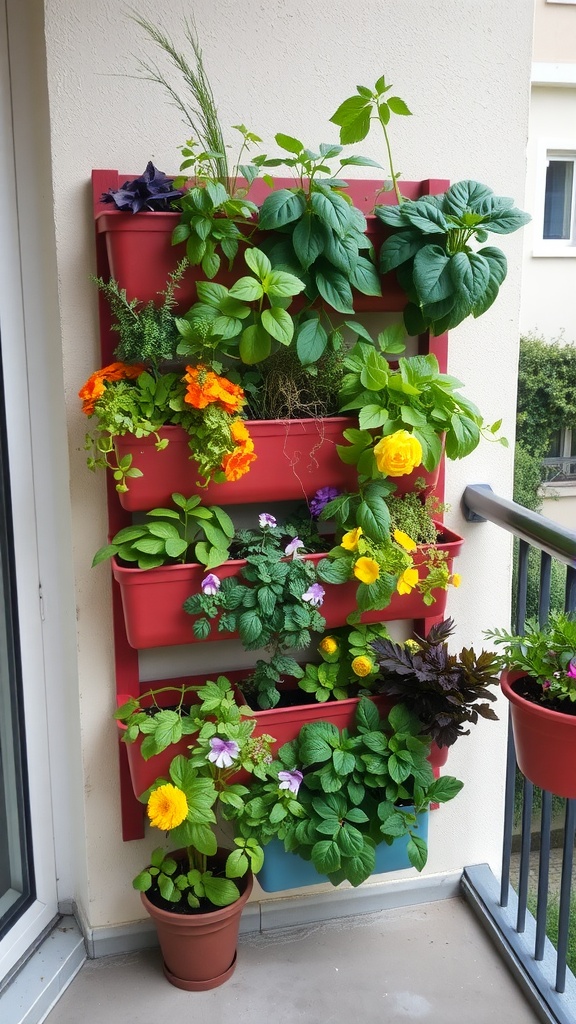 A vibrant vertical planter with various flowers and herbs displayed on a wall.