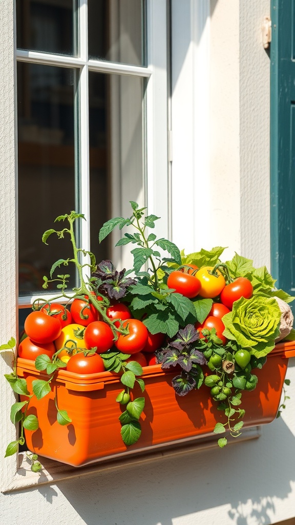 A vibrant window box filled with tomatoes, lettuce, and green plants