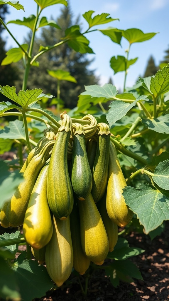 A cluster of fresh zucchinis growing on the plant