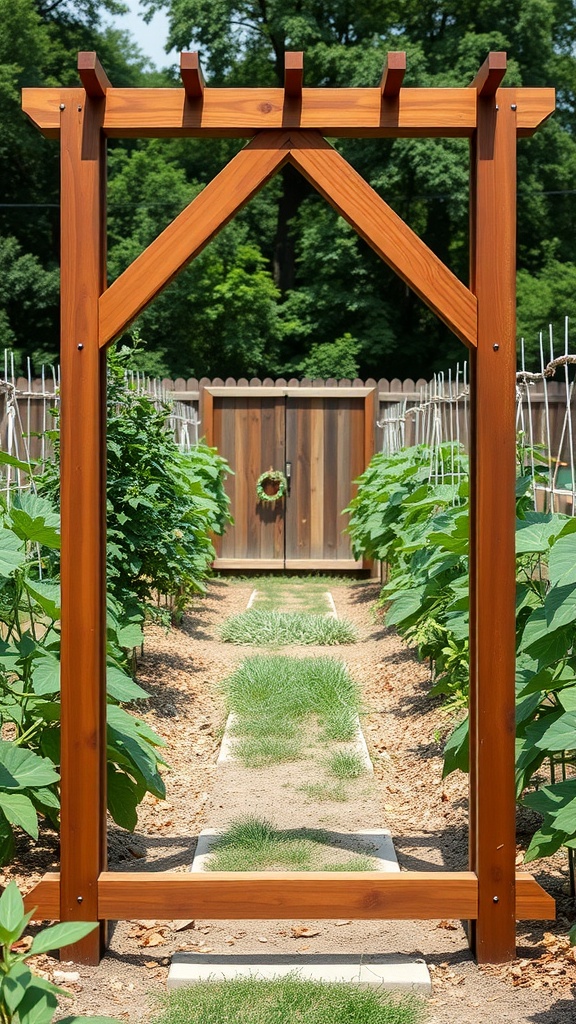 A beautiful A-frame trellis in a lush garden.