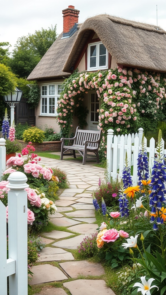 A charming cottage garden with a stone path surrounded by colorful flowers and a cozy seating area.