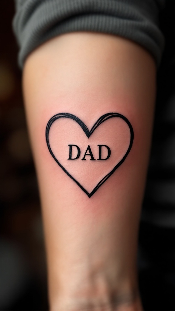 A tattoo of a heart with the word 'DAD' inside it.