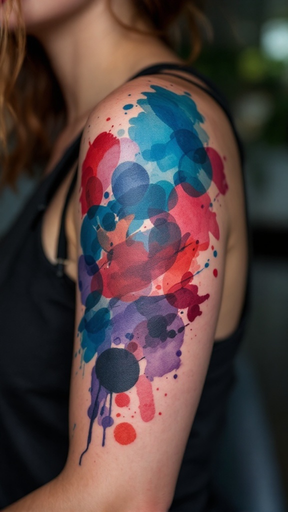 A colorful abstract watercolor tattoo on a woman's arm featuring various splashes of blue, red, and purple.