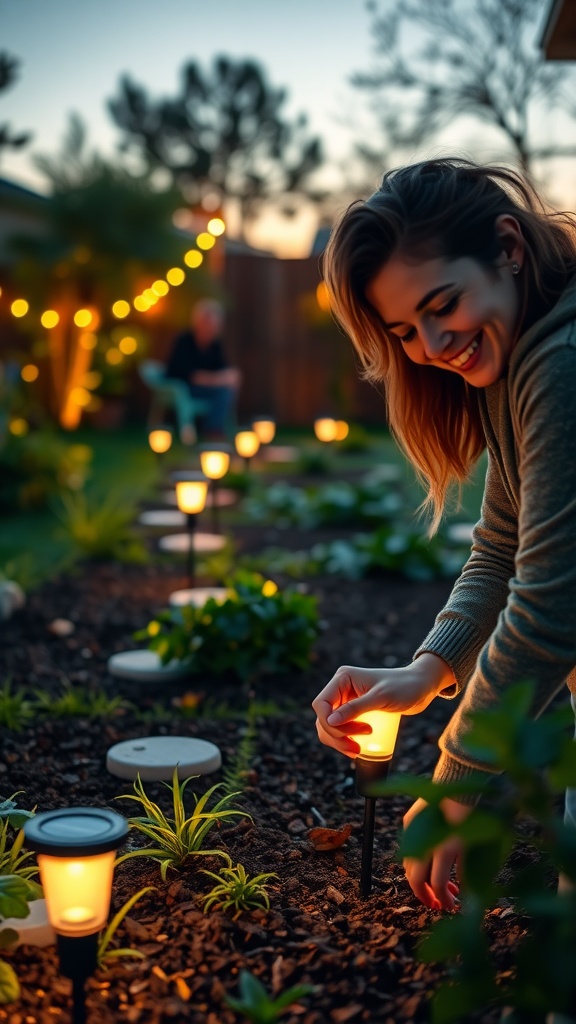 A woman placing solar-powered garden lights in a backyard garden.