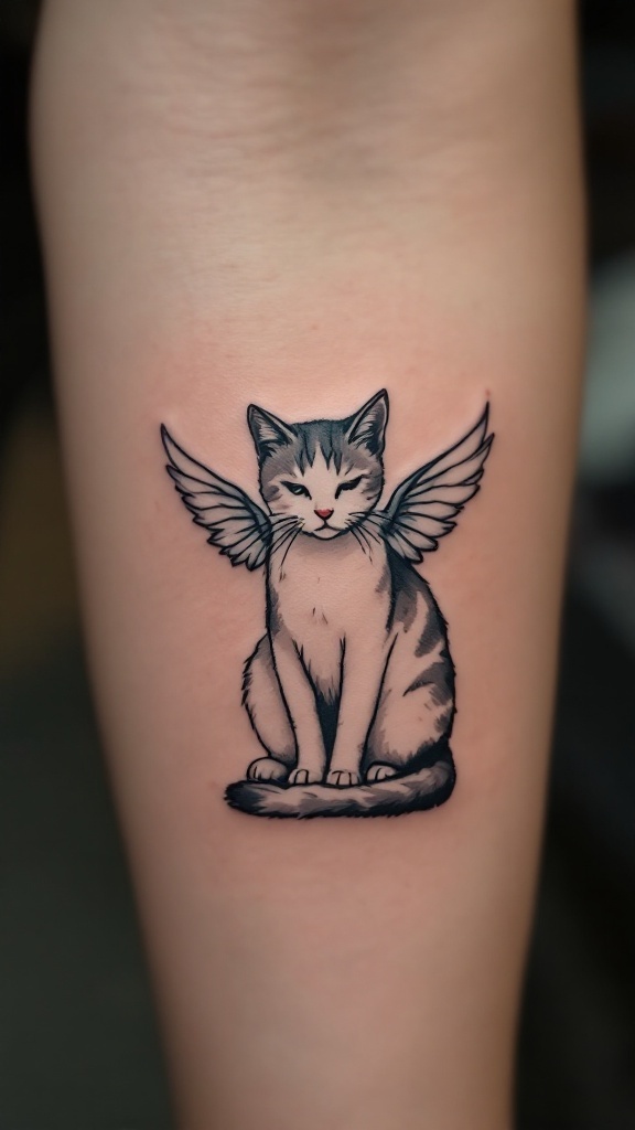 A tattoo of a cat with angel wings, sitting calmly.