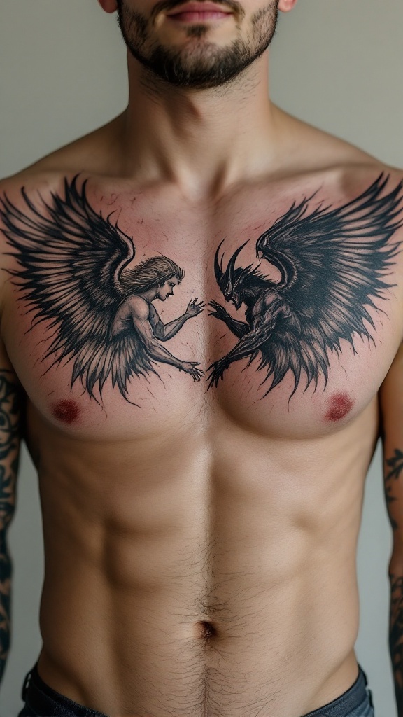 An angel and demon tattoo design on a man's chest.