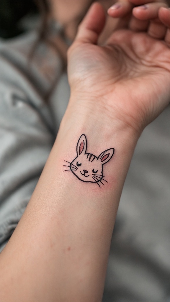 A cute rabbit tattoo on a person's wrist.