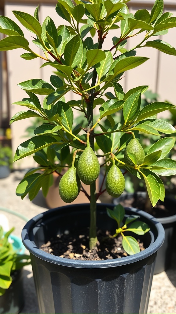 Container-grown avocado plant with green avocados