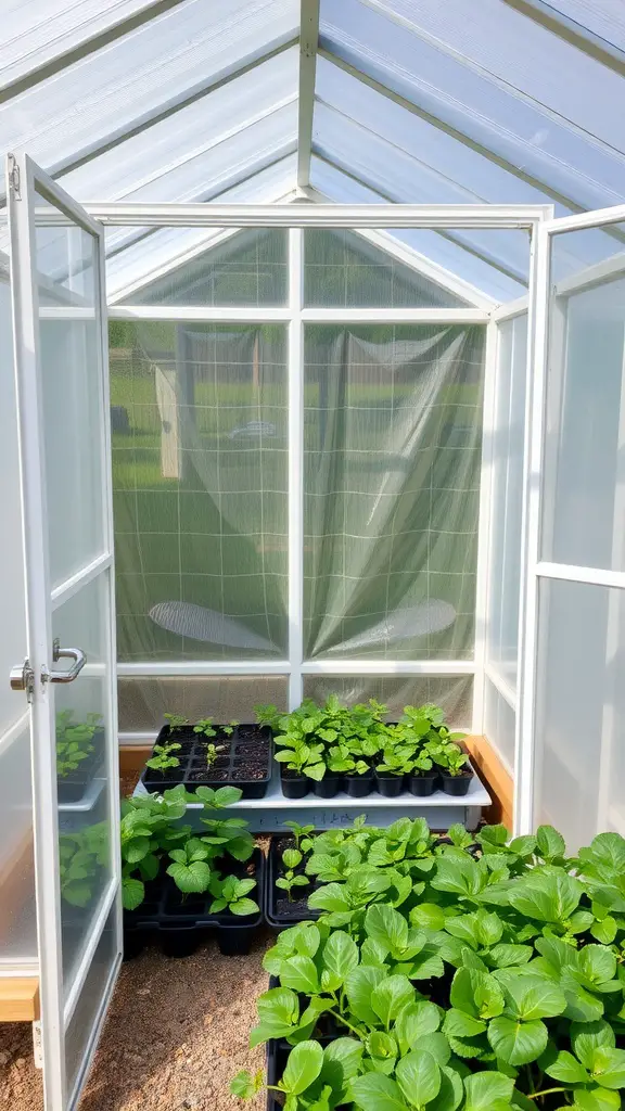 Interior of a backyard greenhouse with seedlings growing on shelves