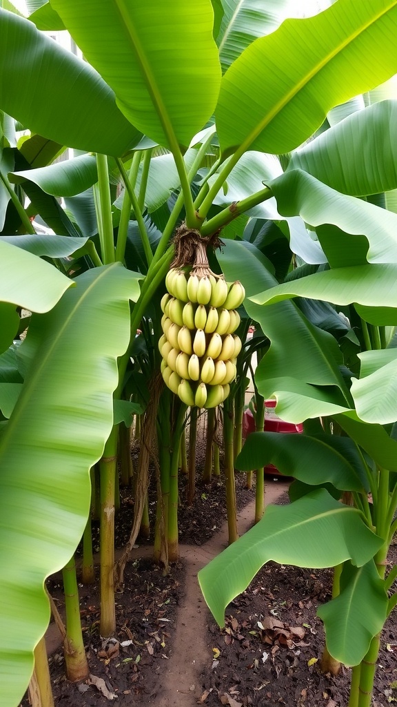 A cluster of green bananas hanging from a banana plant surrounded by large green leaves.