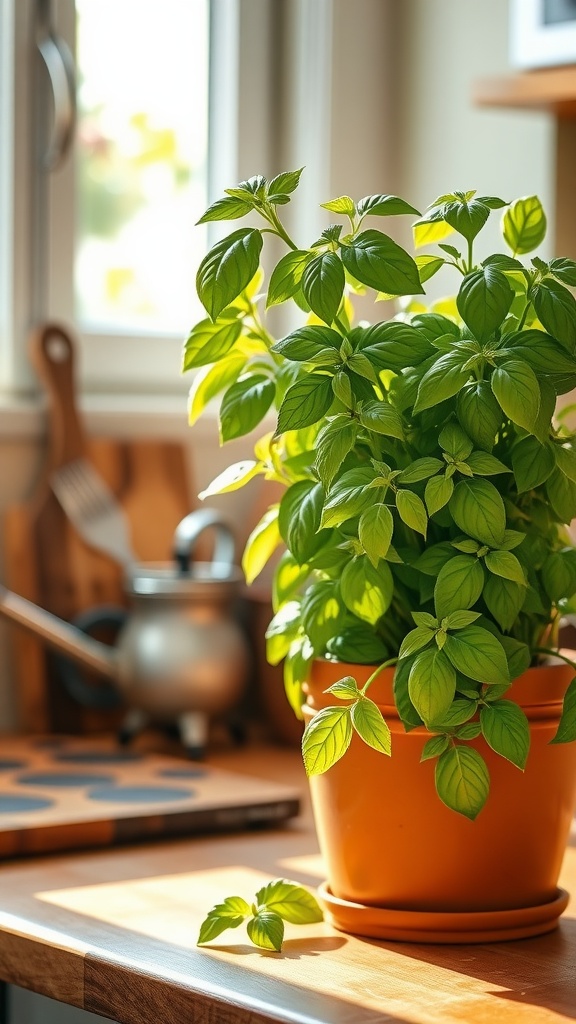 A thriving basil plant in a pot on a kitchen counter, with sunlight streaming through a window.