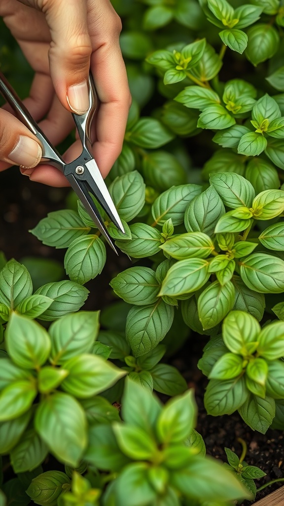 A hand holding scissors, trimming fresh basil leaves in a lush green garden.