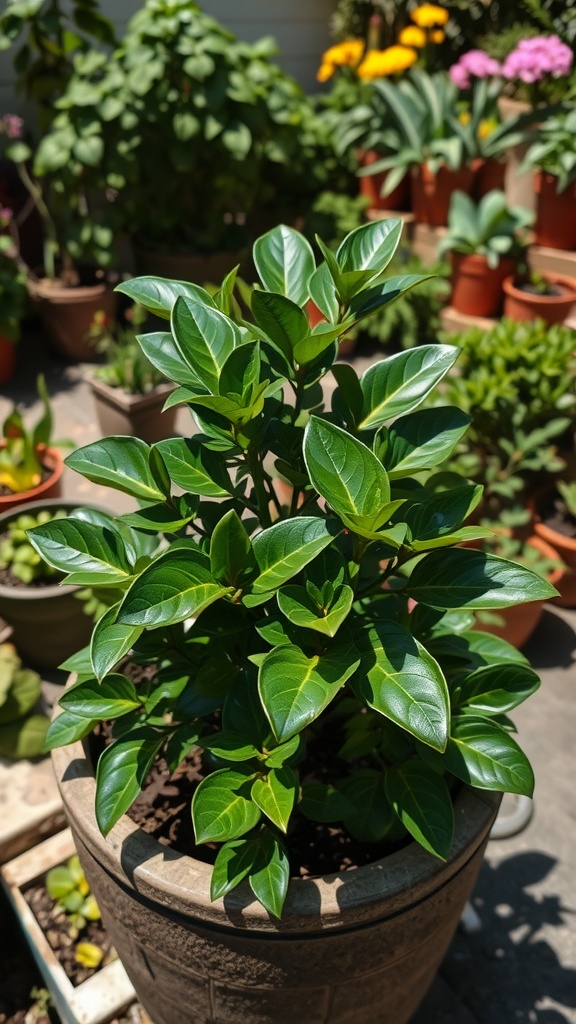 A lush bay laurel plant growing in a pot, surrounded by various other plants.