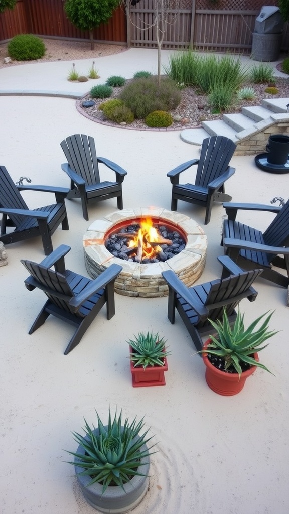 A cozy beach-inspired fire pit surrounded by black chairs and potted succulents.