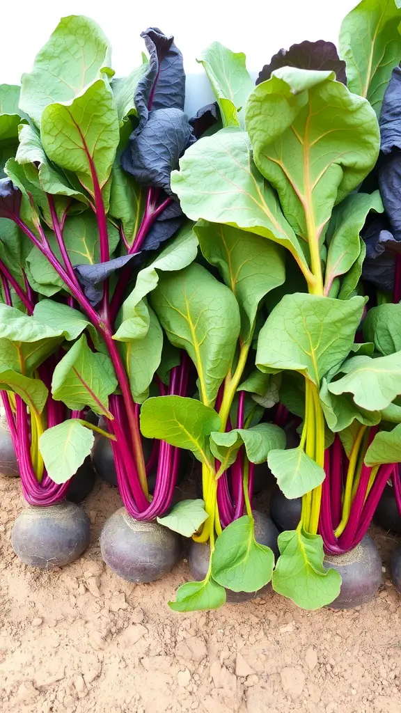 A bunch of vibrant beet greens with purple stems and large leaves.