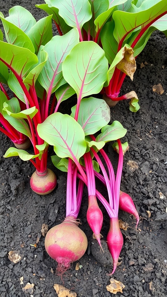 Freshly harvested beets with green leafy tops in soil.