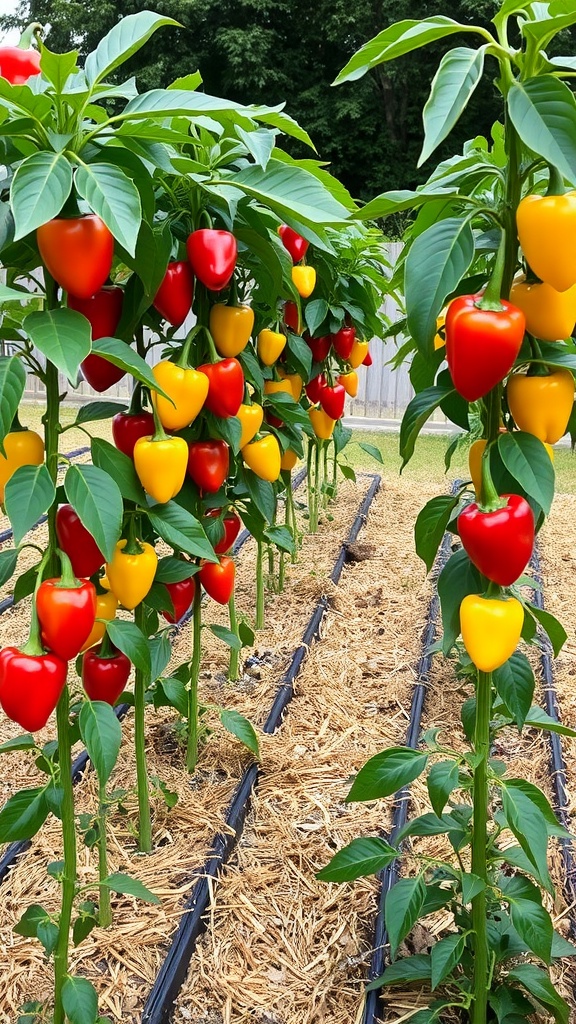 Rows of colorful bell peppers growing in a garden